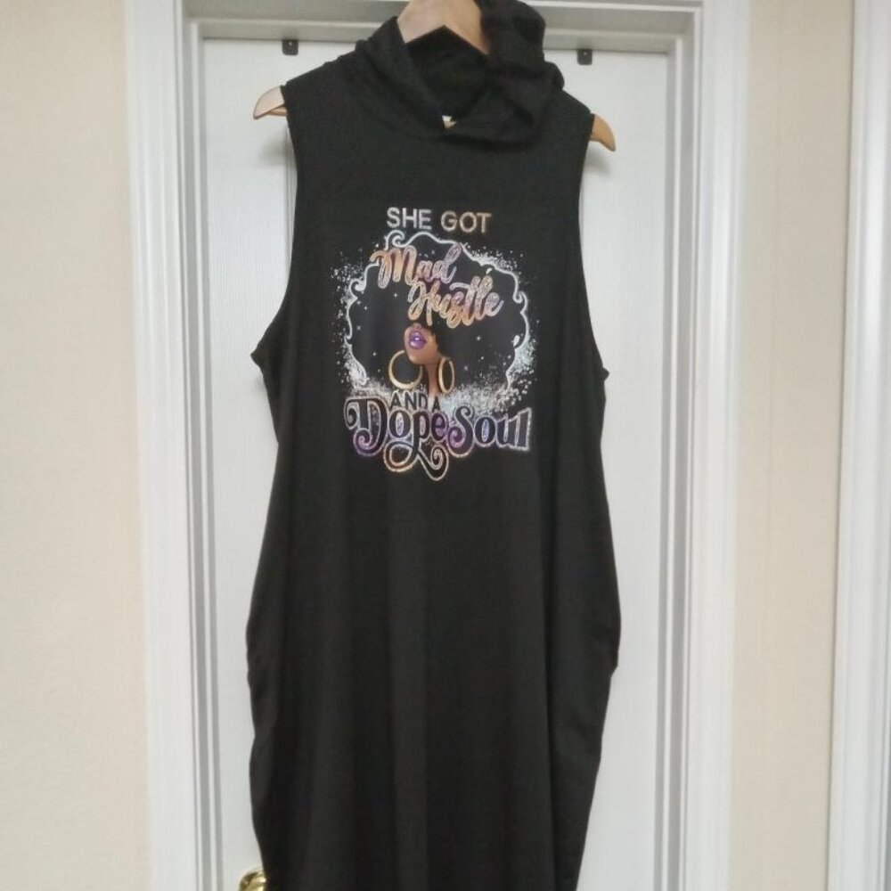 SHE GOT MAD HUSTLE AND A DOPE SOUL Graphic Print Long Hoodie Dress 1XL Black